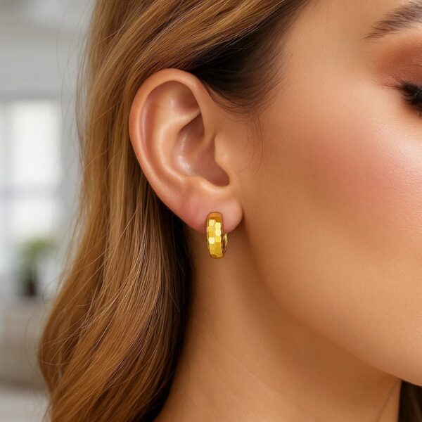 14K Yellow Gold Checkerboard Huggie Hoop Earrings - alternate view 4