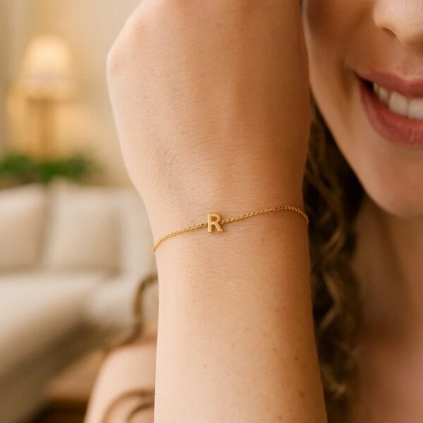 14K Yellow Gold Mini Initial R Bracelet - alternate view 4