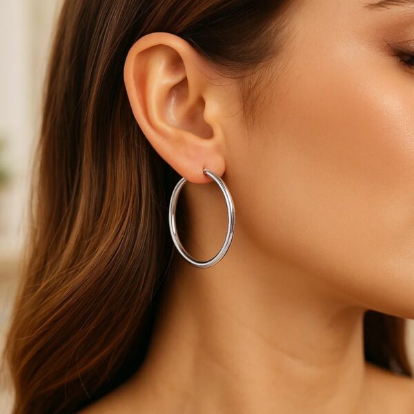 Sterling Silver Rhodium Plated Large Polished Classic Hoop Earrings (3x40mm) - alternate view 3