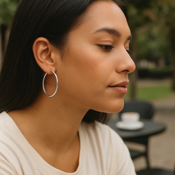 Sterling Silver Rhodium Plated Large Polished Classic Hoop Earrings (3x40mm) - alternate view 4