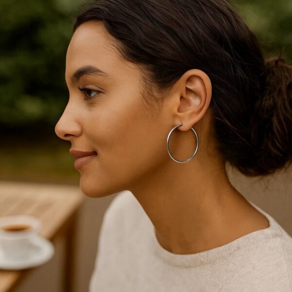 Sterling Silver Rhodium Plated Large Polished Classic Hoop Earrings (3x40mm) - alternate view 5