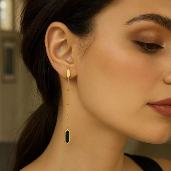 14K Yellow Gold Hexagon Onyx Drop Earrings - alternate view 2