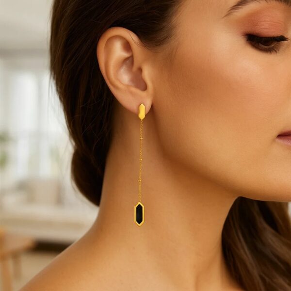 14K Yellow Gold Hexagon Onyx Drop Earrings - alternate view 3