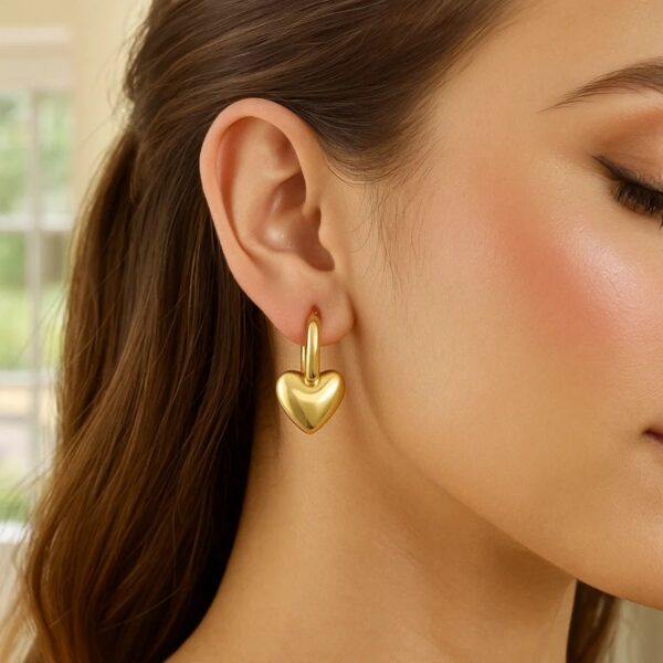 14K Yellow Gold Puffy Heart Dangle Huggie Hoops Earrings - alternate view 2