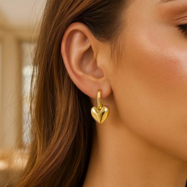 14K Yellow Gold Puffy Heart Dangle Huggie Hoops Earrings - alternate view 3