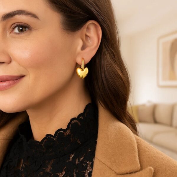 14K Yellow Gold Puffy Heart Dangle Huggie Hoops Earrings - alternate view 4