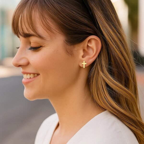 14k Yellow Gold Post Earrings with Crosses - alternate view 2