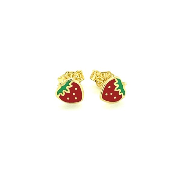 14k Yellow Gold Enameled Strawberry Childrens Earrings - alternate view 2