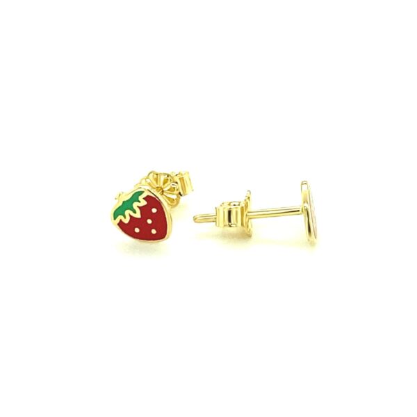 14k Yellow Gold Enameled Strawberry Childrens Earrings - alternate view 3