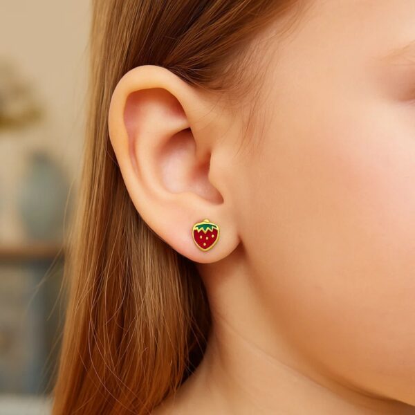 14k Yellow Gold Enameled Strawberry Childrens Earrings - alternate view 5