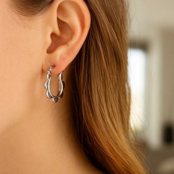 14k White Gold Scalloped Hoop Earrings - alternate view 3