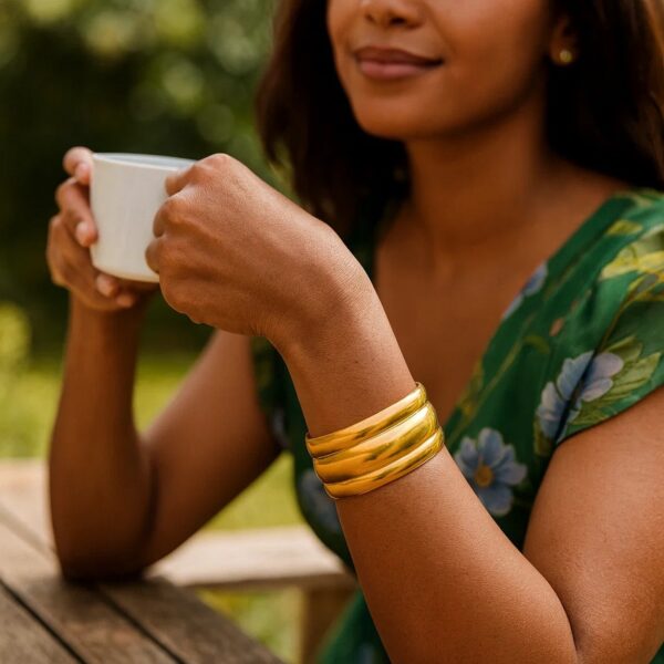 Sterling Silver Gold Plated Bold Ribbed Cuff Bangle (25.00 mm) - alternate view 3