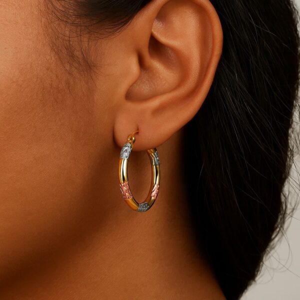 10k Tri-Color Gold Classic Hoop Earrings with Diamond Cut Details(20mm) - alternate view 2