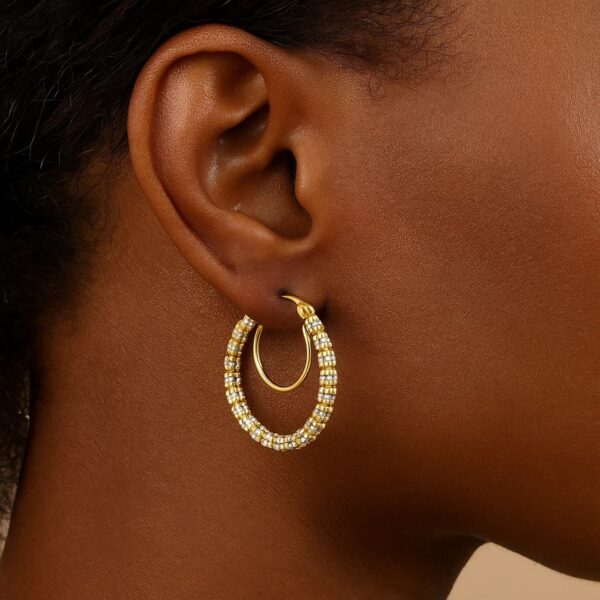 14K Two Tone Gold Iced Round Hoop Earrings - Two-Tone Gold - alternate view 2
