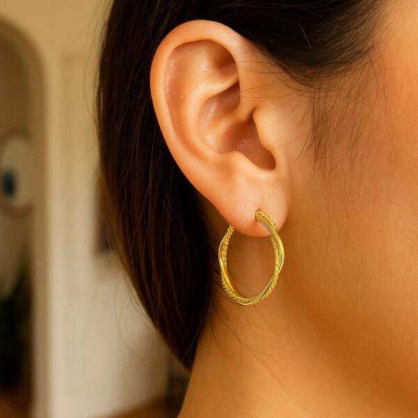 14k Yellow Gold Two Part Textured Twisted Round Hoop Earrings(3x25mm) - alternate view 2