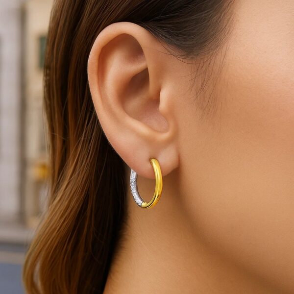 14k Two-Tone Gold Hoop Earrings with Textured Style(2.5x15mm) - alternate view 2