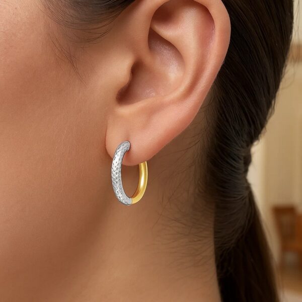 14k Two-Tone Gold Hoop Earrings with Textured Style(2.5x15mm) - alternate view 3