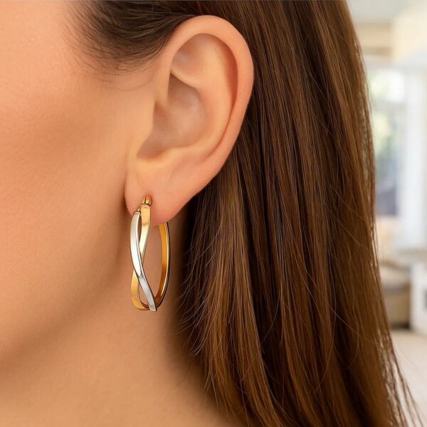 14k Two-Tone Gold Twisted Style Polished Hoop Earrings - alternate view 2
