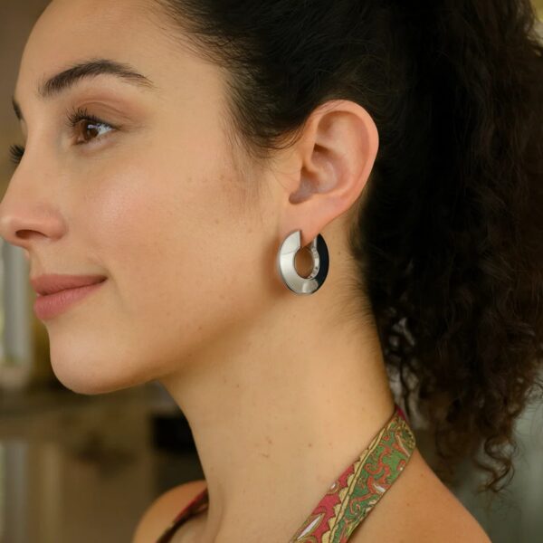 Sterling Silver Rhodium Plated Small Puffed Hoop Earrings - alternate view 2