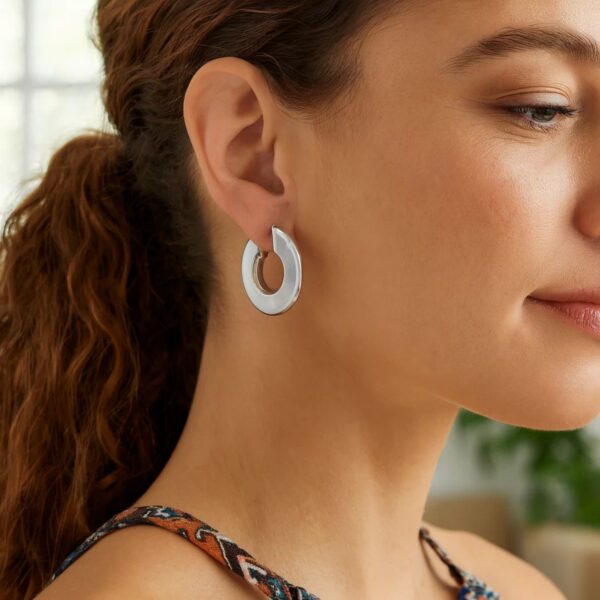 Sterling Silver Rhodium Plated Small Puffed Hoop Earrings - alternate view 3