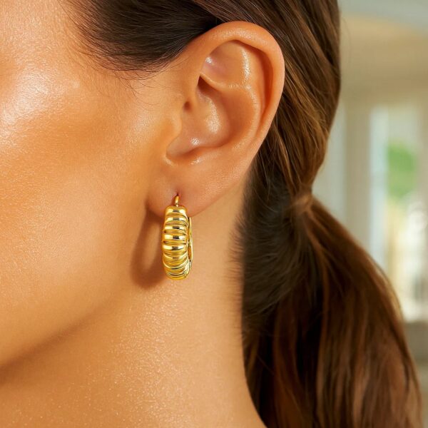 14K Yellow Gold Polished Puffed Ribbed Hoop Earrings - alternate view 3