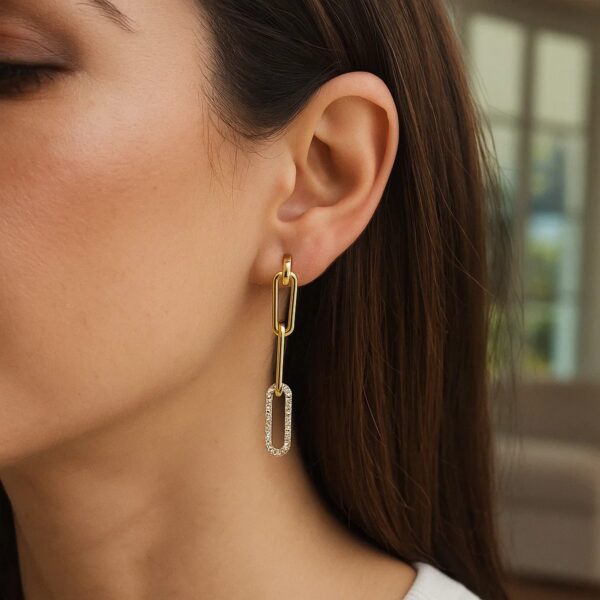 14k Yellow Gold Paperclip Chain Dangle Earrings with Diamonds - alternate view 4