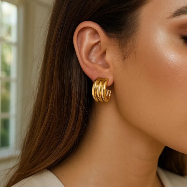 Sterling Silver Yellow Gold Plated Triple Row C Hoop Earrings - alternate view 3