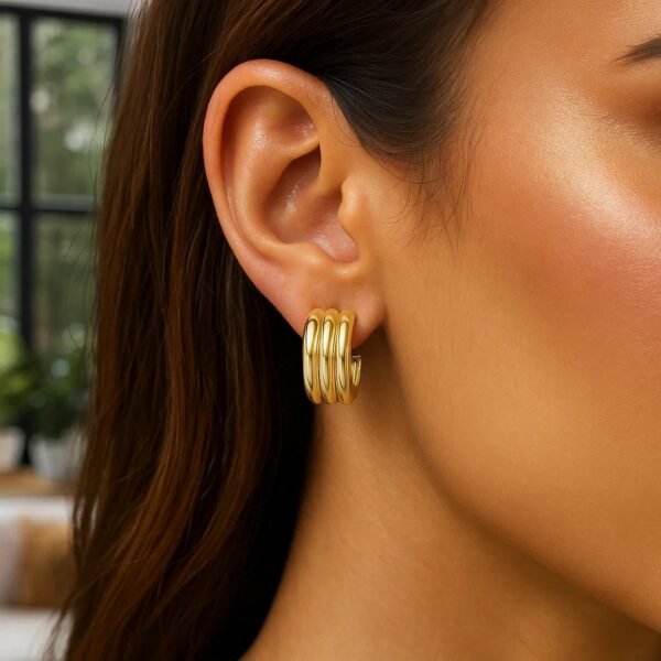 Sterling Silver Yellow Gold Plated Triple Row C Hoop Earrings - alternate view 4