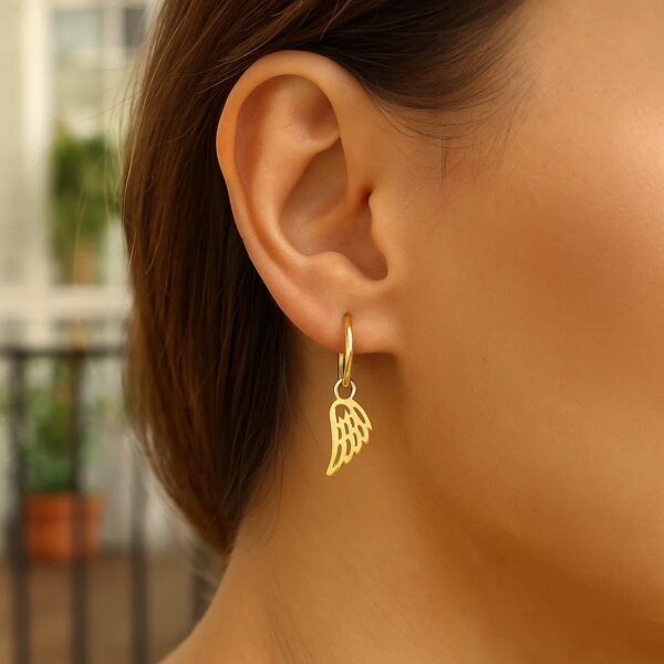 14K Yellow Gold Hoop Earrings with Angel Wings - alternate view 2