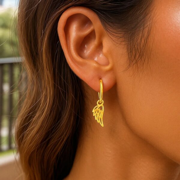 14K Yellow Gold Hoop Earrings with Angel Wings - alternate view 3