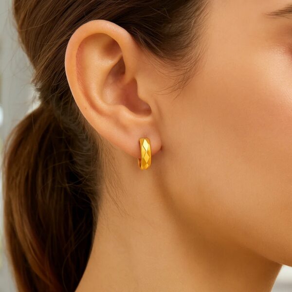 14K Yellow Gold Diamond Motif Faceted Huggie Earrings - alternate view 2