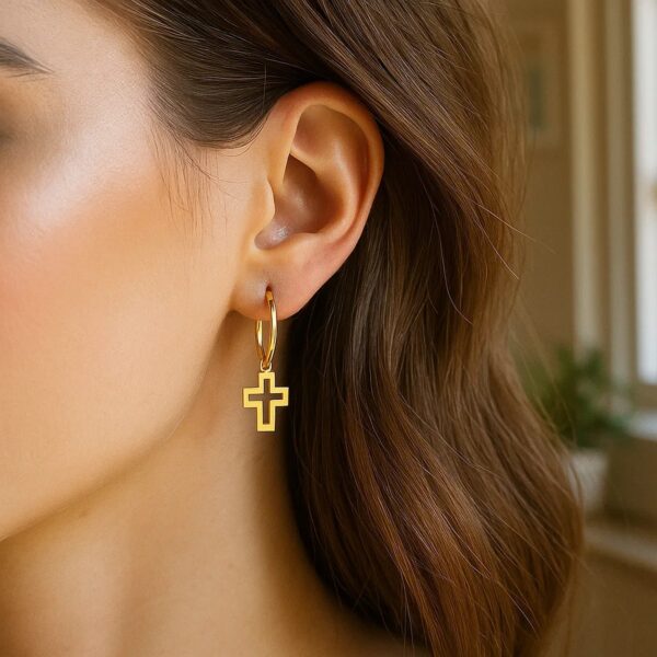 14K Yellow Gold Hoop Polished Earrings with Crosses - alternate view 2