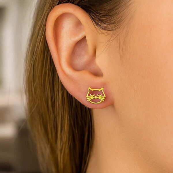 14K Yellow Gold Cat Head Earrings - alternate view 2