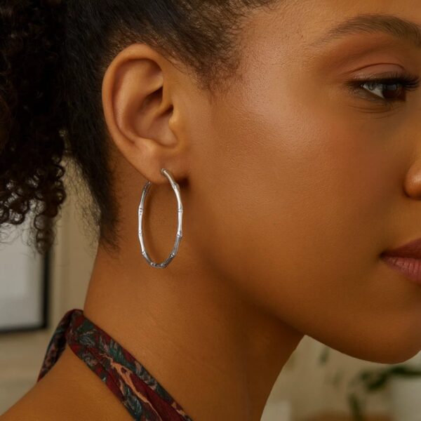 Sterling Silver Rhodium Plated Bamboo Hoop Earrings - alternate view 2