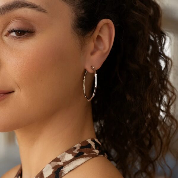 Sterling Silver Rhodium Plated Bamboo Hoop Earrings - alternate view 3