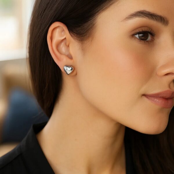 Sterling Silver Rhodium Plated Puffed Small Heart Stud Earrings - alternate view 4