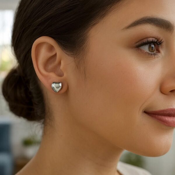 Sterling Silver Rhodium Plated Puffed Small Heart Stud Earrings - alternate view 5