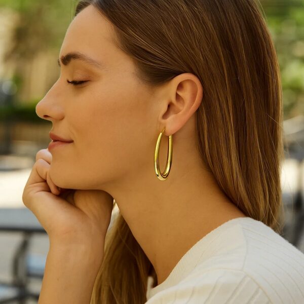 14k Yellow Gold Elongated Oval Hoops - alternate view 4