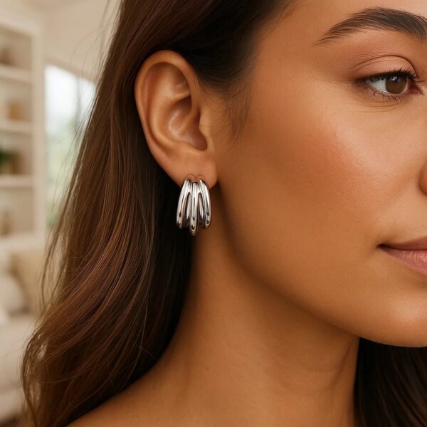 Sterling Silver Triple Barrelled Strand Hoop Earrings - alternate view 3
