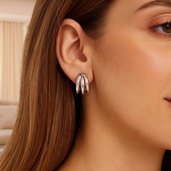 Sterling Silver Triple Barrelled Strand Hoop Earrings - alternate view 4