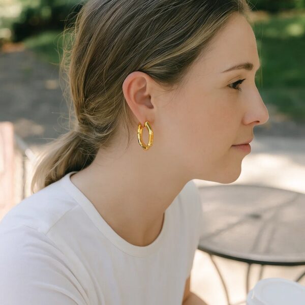 14k Yellow Gold Medium Bamboo Hoop Earrings - alternate view 3