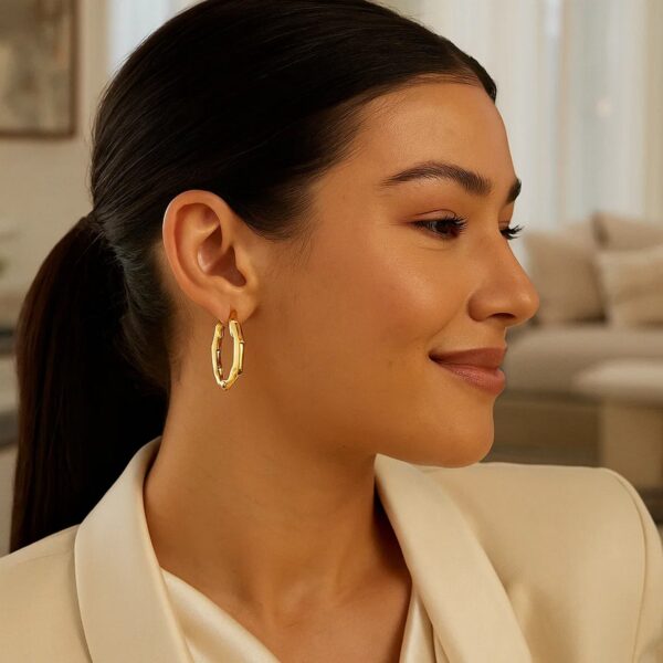 14k Yellow Gold Medium Bamboo Hoop Earrings - alternate view 4