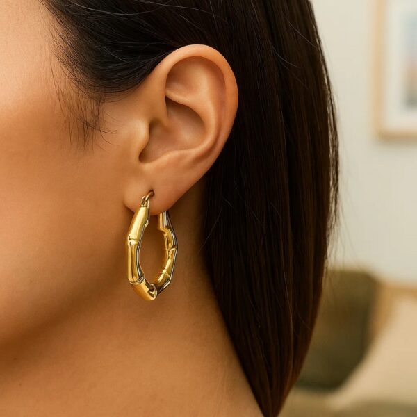 14k Yellow Gold Medium Bamboo Hoop Earrings - alternate view 5