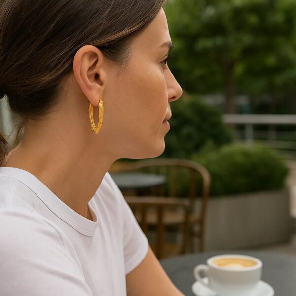 14k Yellow Gold V Shaped Puffed Hoop Earrings - alternate view 2