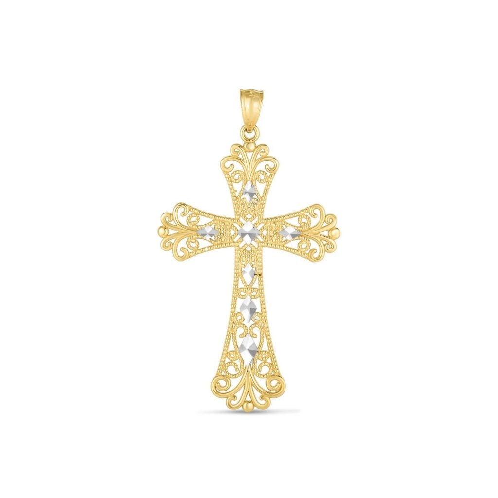 14k Two Tone Gold High Polish Diamond Cut Cross Pendant - Two-Tone Gold