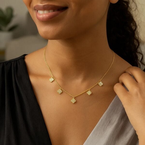 14K Yellow Gold Diamond Flower Necklace - alternate view 3