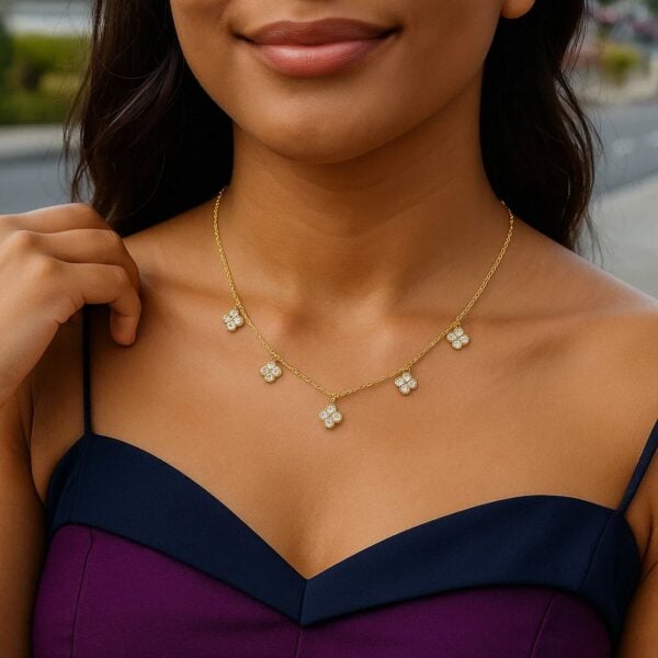 14K Yellow Gold Diamond Flower Necklace - alternate view 4