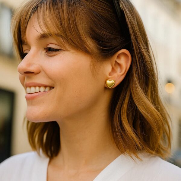 Sterling Silver Yellow Gold Plated Puffed Small Heart Stud Earrings - alternate view 4