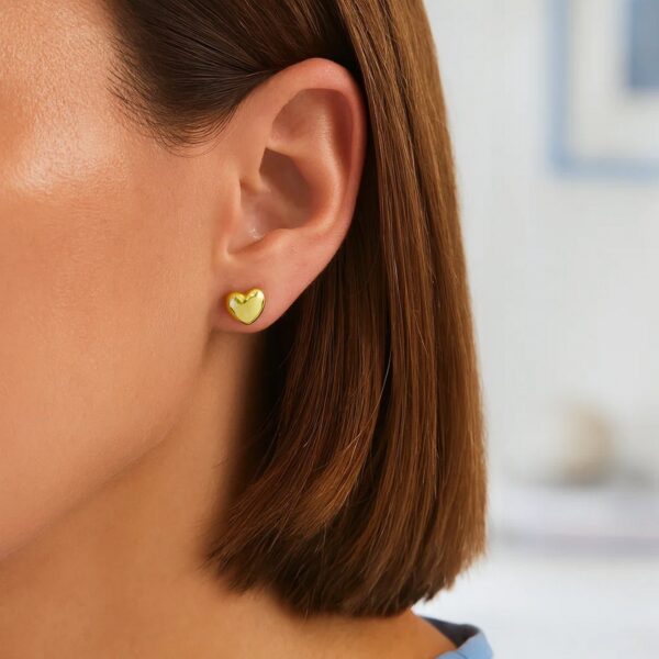 Sterling Silver Yellow Gold Plated Puffed Small Heart Stud Earrings - alternate view 5