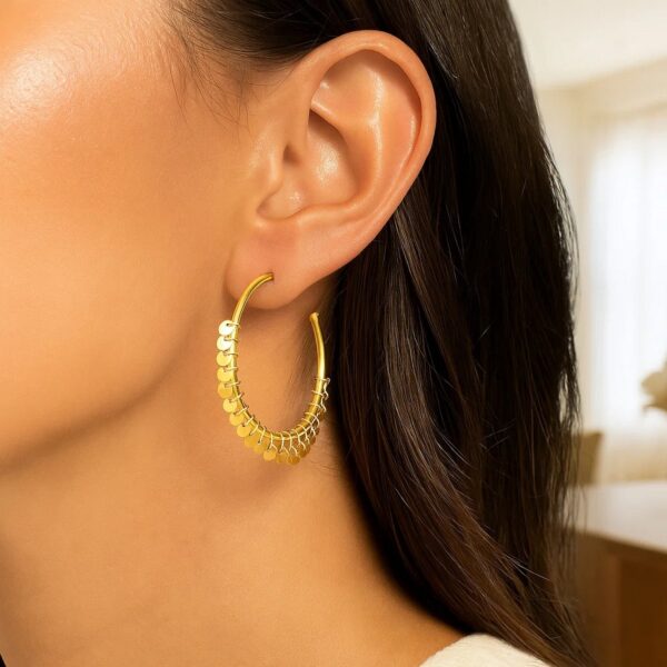 14k Yellow Gold Hoop Style Earrings with Dangling Sequins(1.5x30mm) - alternate view 2